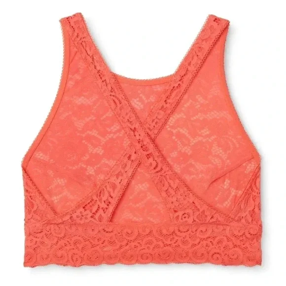 LARGE Xhilaration Wire Free High Neck Crossback Lace Bra Coral NWT‎ - Picture 5 of 6
